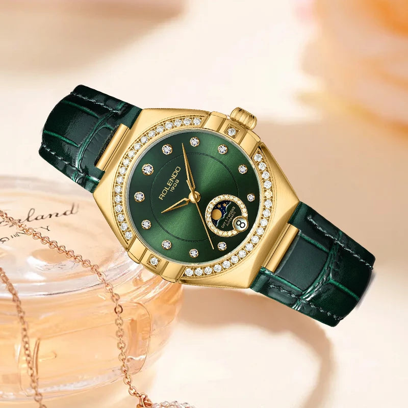 ROLENDO Constellation Style Automatic Women's Watch Secret Emerald Strap Green Dial Day-Date Sapphire Crystal Waterproof Elegant