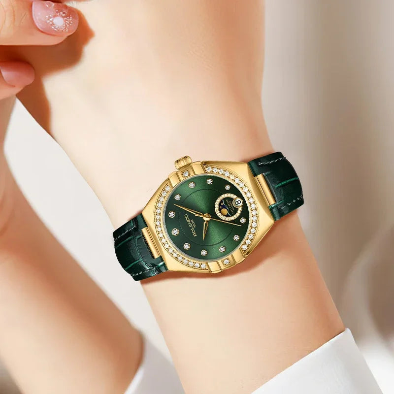 ROLENDO Constellation Style Automatic Women's Watch Secret Emerald Strap Green Dial Day-Date Sapphire Crystal Waterproof Elegant