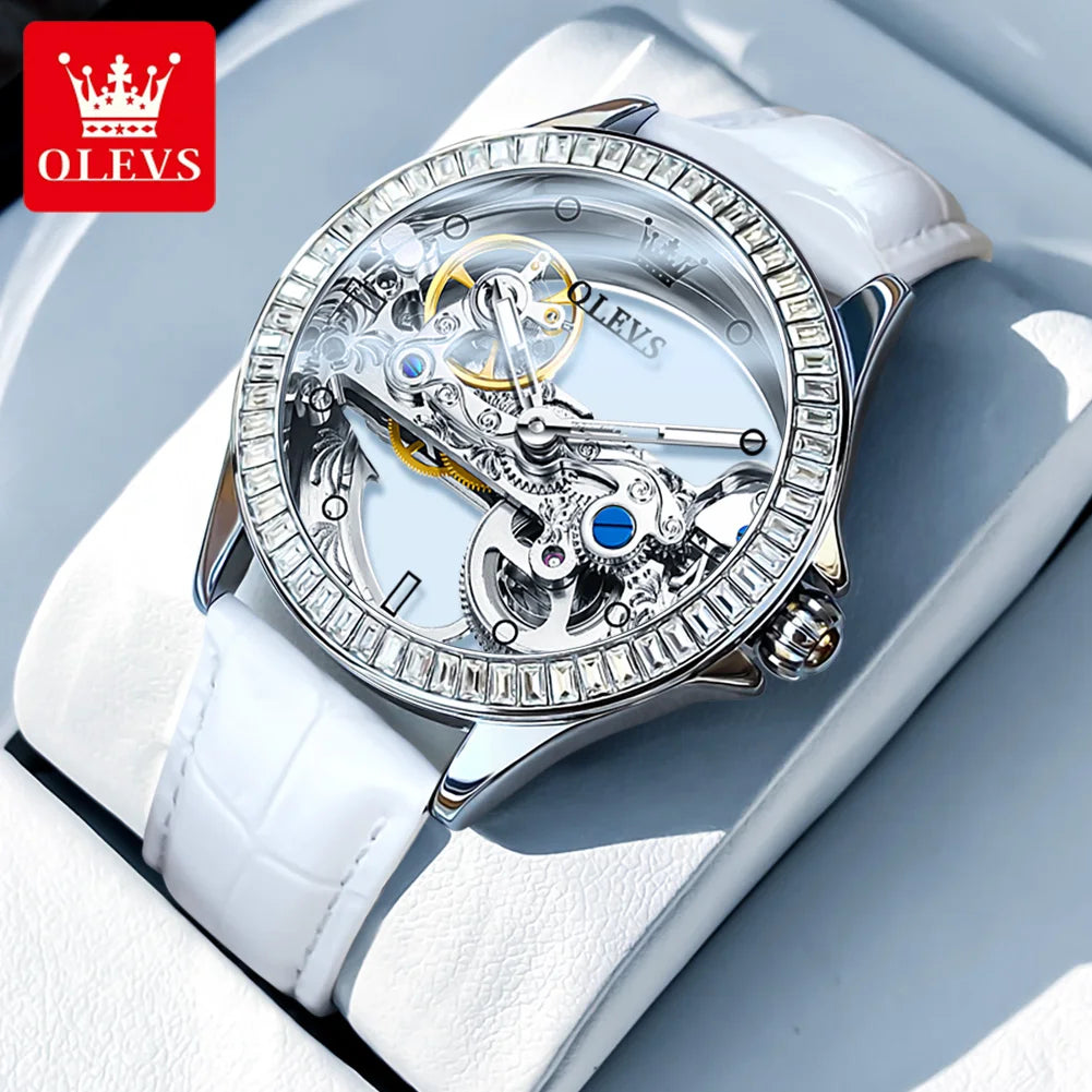 OLEVS 6699 Automatic Mechanical Women's Watch Transparent 40mm Big Dial Design Bracelet Watch Set Gift Luxury Watch for Women