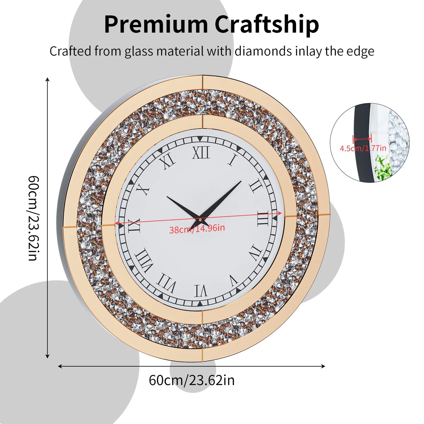 60/80CM Bling Silver Round Mirror Clock Glam Sparkle Twinkle Shining Mirrored Wall Clock for Home Decor
