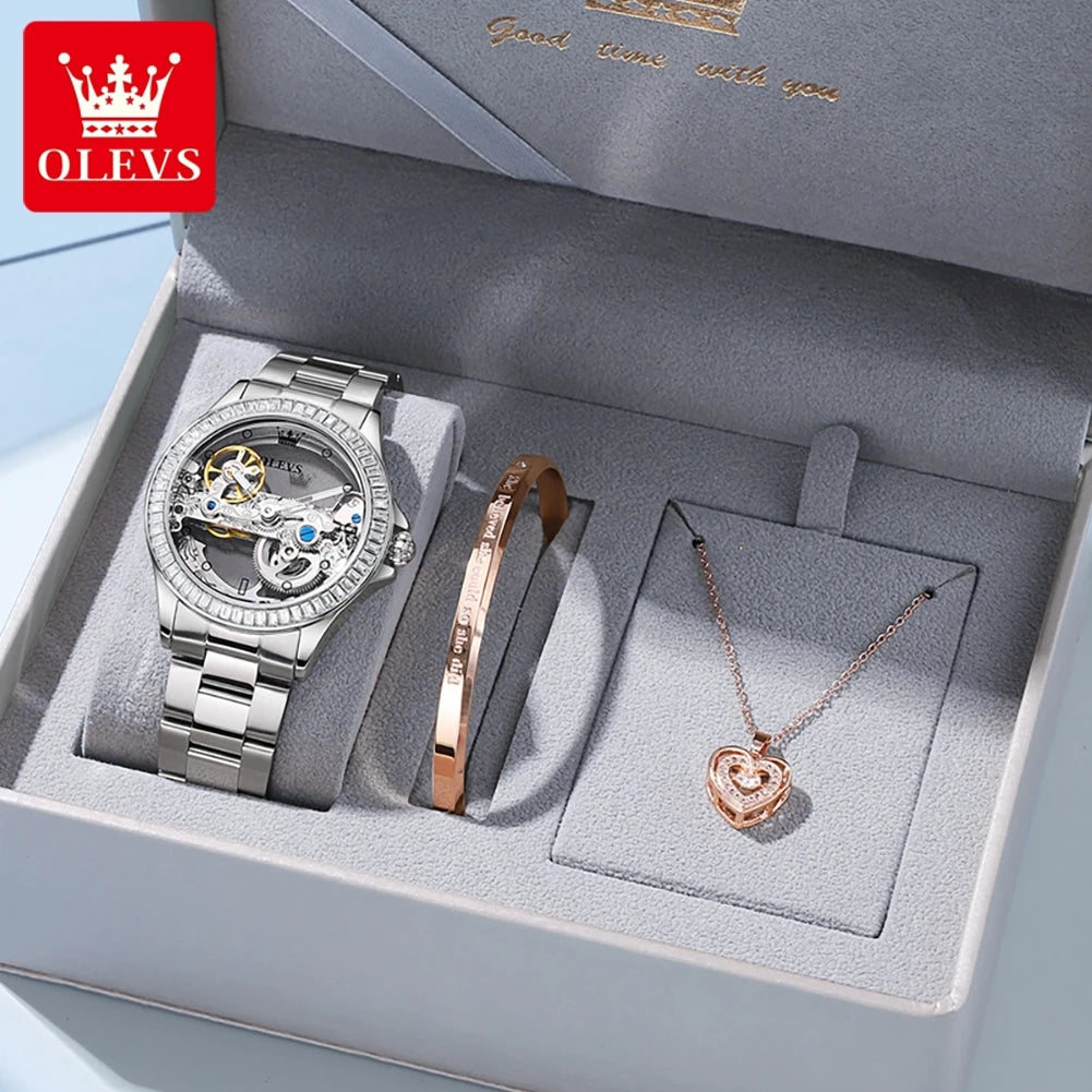 OLEVS 6699 Automatic Mechanical Women's Watch Transparent 40mm Big Dial Design Bracelet Watch Set Gift Luxury Watch for Women