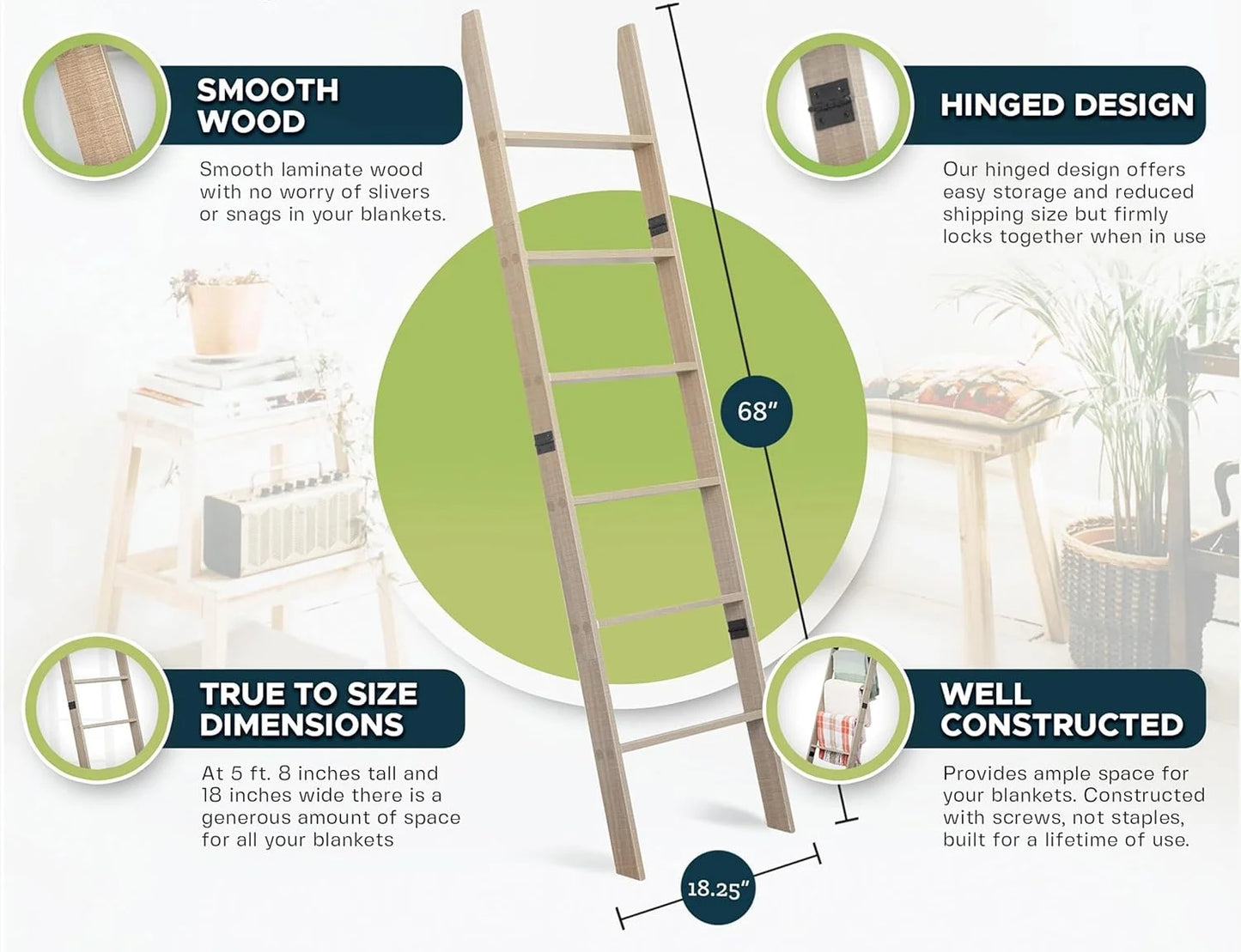 Blanket Ladder for The Living Room and Bedroom, 5ft 8 inch, 6-Tier Wall Leaning Laminate Snag Free Material .