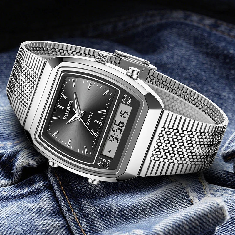 FOXBOX 2026 New Luxury Mens Watch Sports Fashion Digital Watches Men Waterproof Luminous Steel Quartz Wristwatches Reloj Hombre