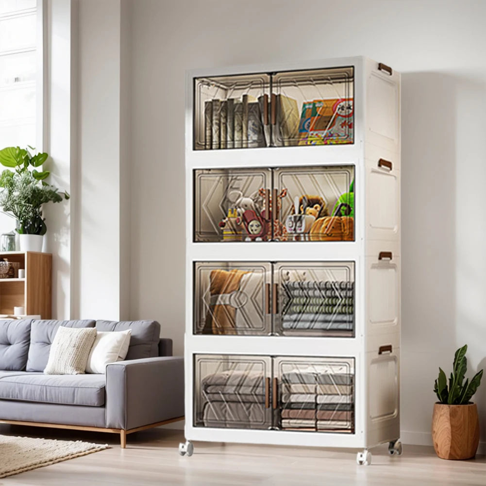 4 Tier Plastic Storage Containers with Doors & Wheels Folding Storage Boxes Folding Storage Cabinet Shelf for Home Office Dorm