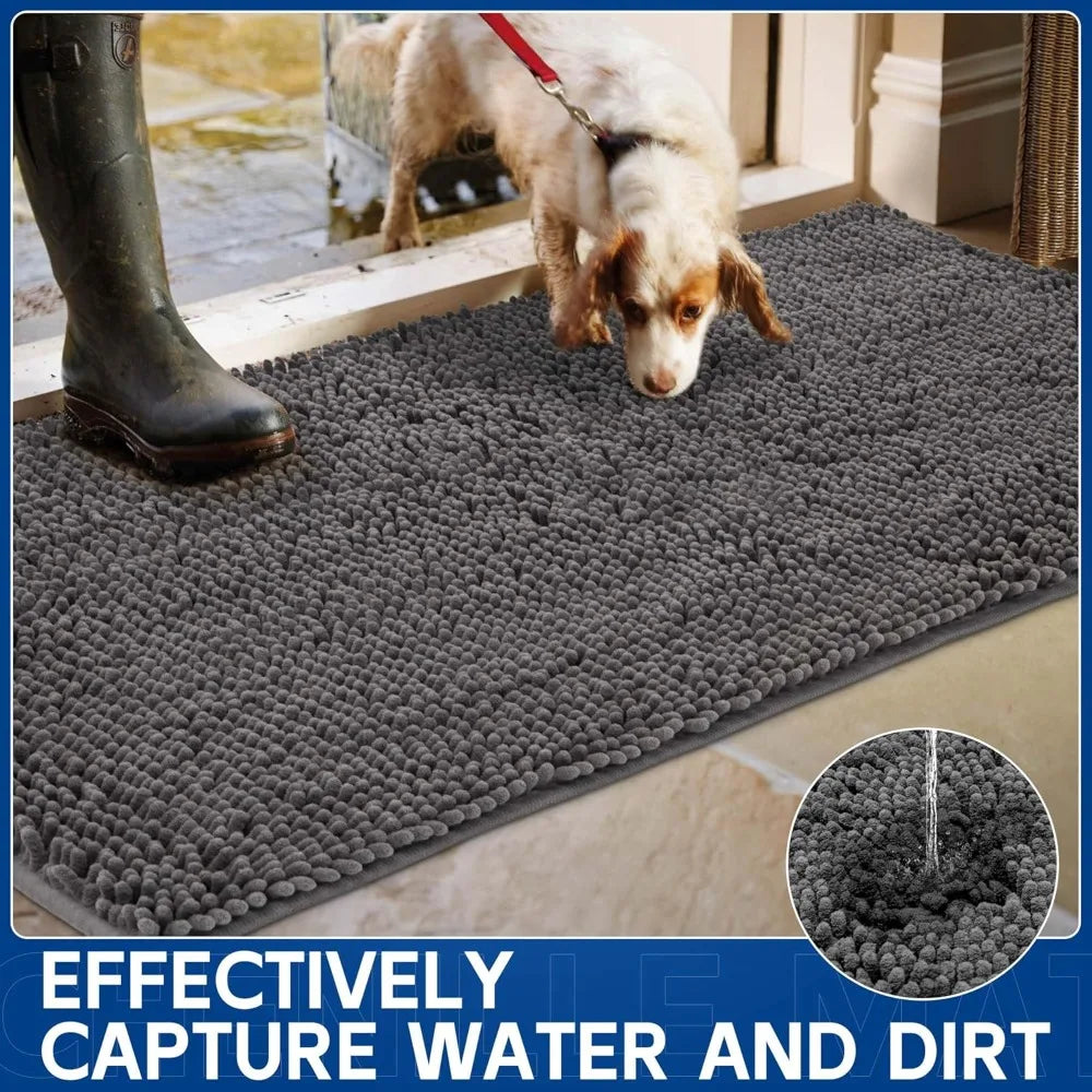 Chenille Absorbent Door Mat 96x48, Washable Non-Slip Indoor Outdoor Doormat for Muddy Paws and Dirt Trapping, Grey