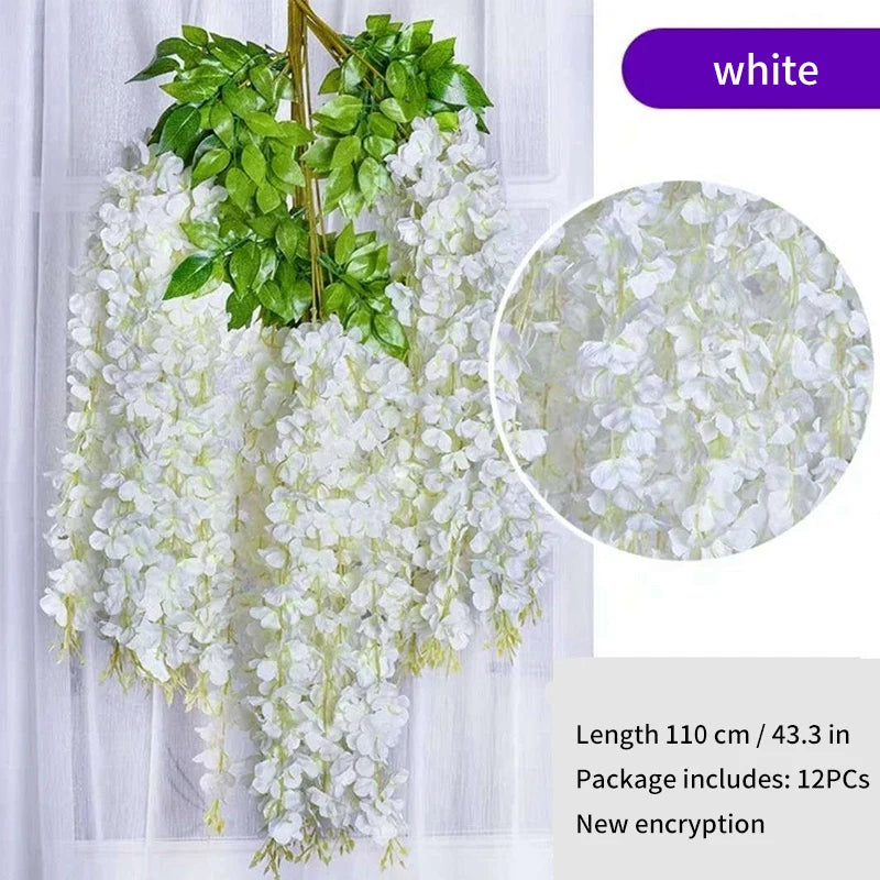 Artificial Wisteria Flower Hanging Garland, Rattan Fake Flower, String Flower, Wedding Party, Garden,  Home Wall Decor, 12PCS