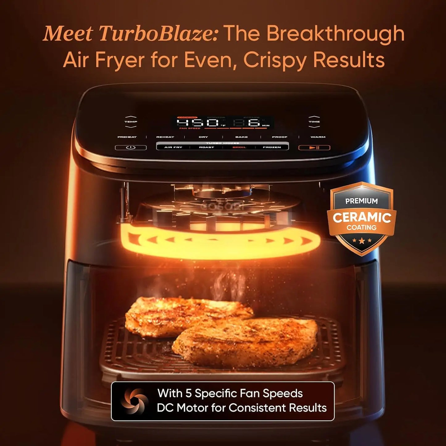 9-in-1 TurboBlaze Air Fryer 6 Qt, Premium Ceramic Coating, 90°–450°F, Precise Heating for Even Results, Air Fry, Roast, Bake