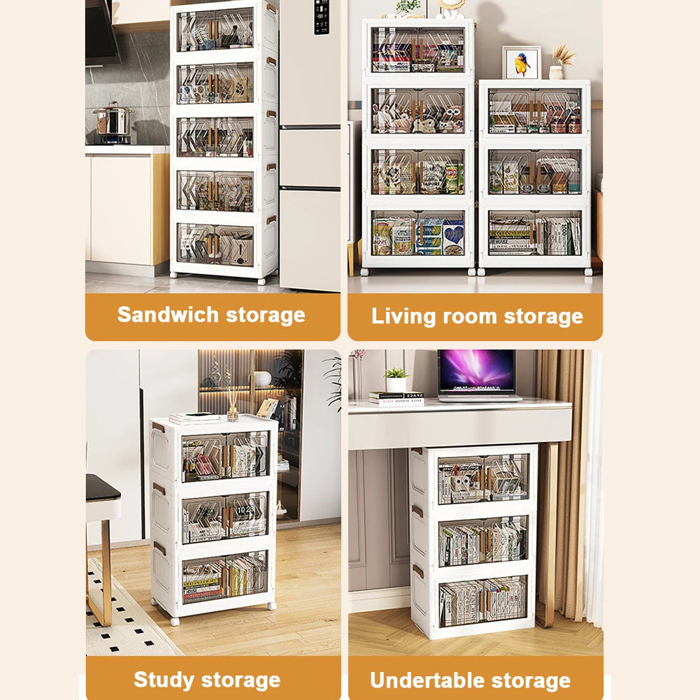 4 Tier Plastic Storage Containers with Doors & Wheels Folding Storage Boxes Folding Storage Cabinet Shelf for Home Office Dorm