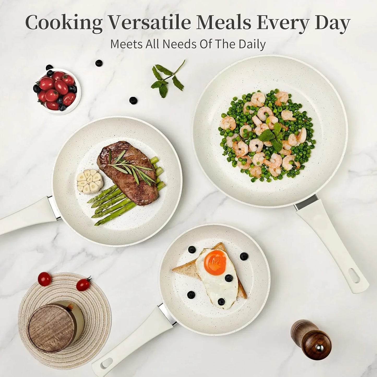 Ceramic Nonstick Frying Pan Set - White Pans With Lids, Induction Skillets for Eggs & Omelets, Healthy No Toxic Cookware,