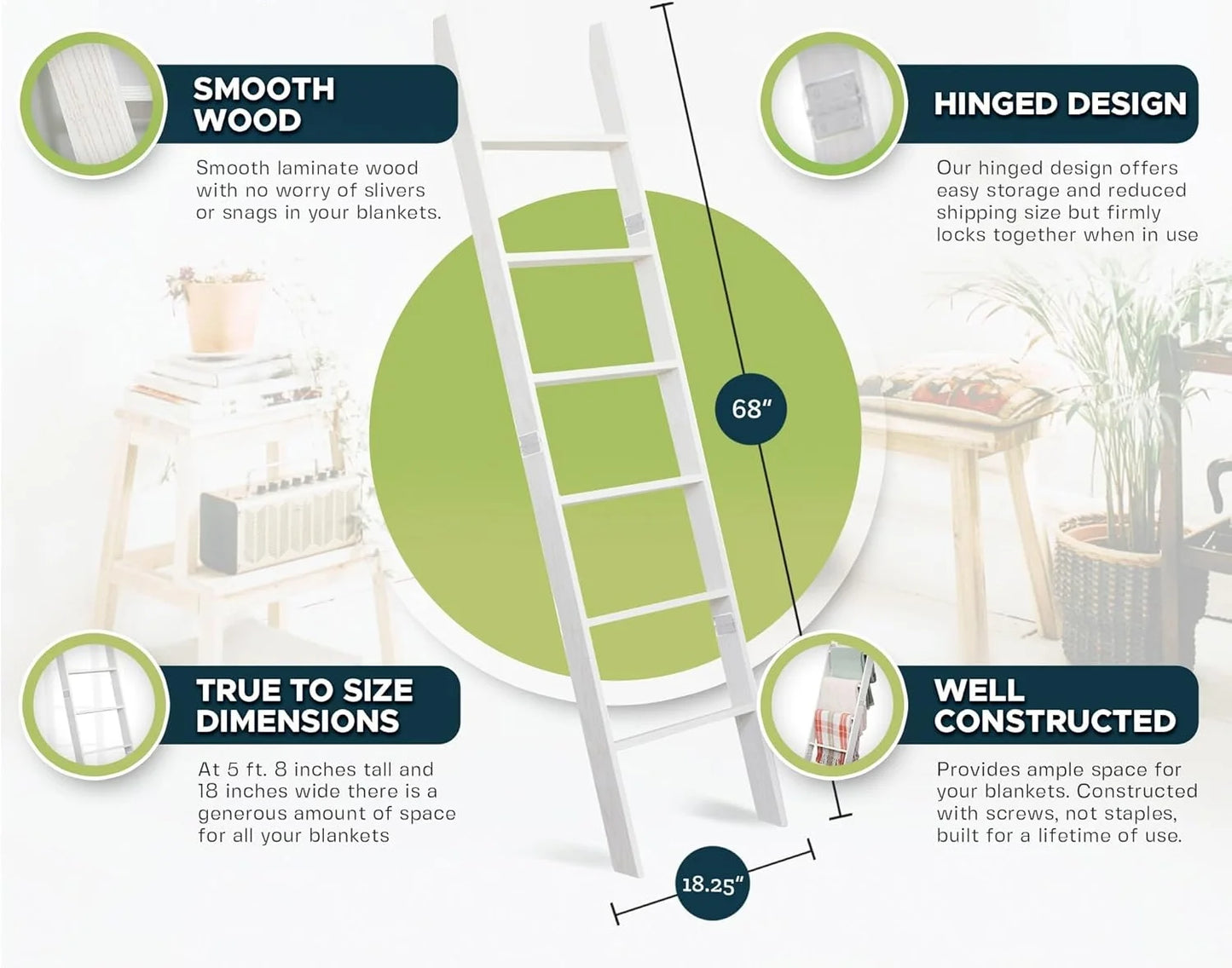 Blanket Ladder for The Living Room and Bedroom, 5ft 8 inch, 6-Tier Wall Leaning Laminate Snag Free Material .